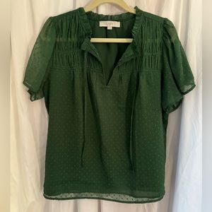Loft large green short sleeve light layers tie front blouse dot textured